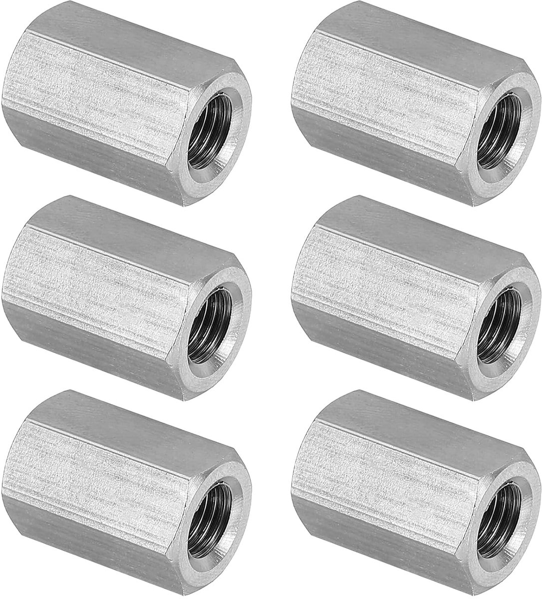 Lange moer M8 x 1 pitch zeskantmoer van roestvrij staal 304, 6 stuks 20 mm / 0,8 inch lengte schroefdraadverbindingen met klemmoer, zilvertint