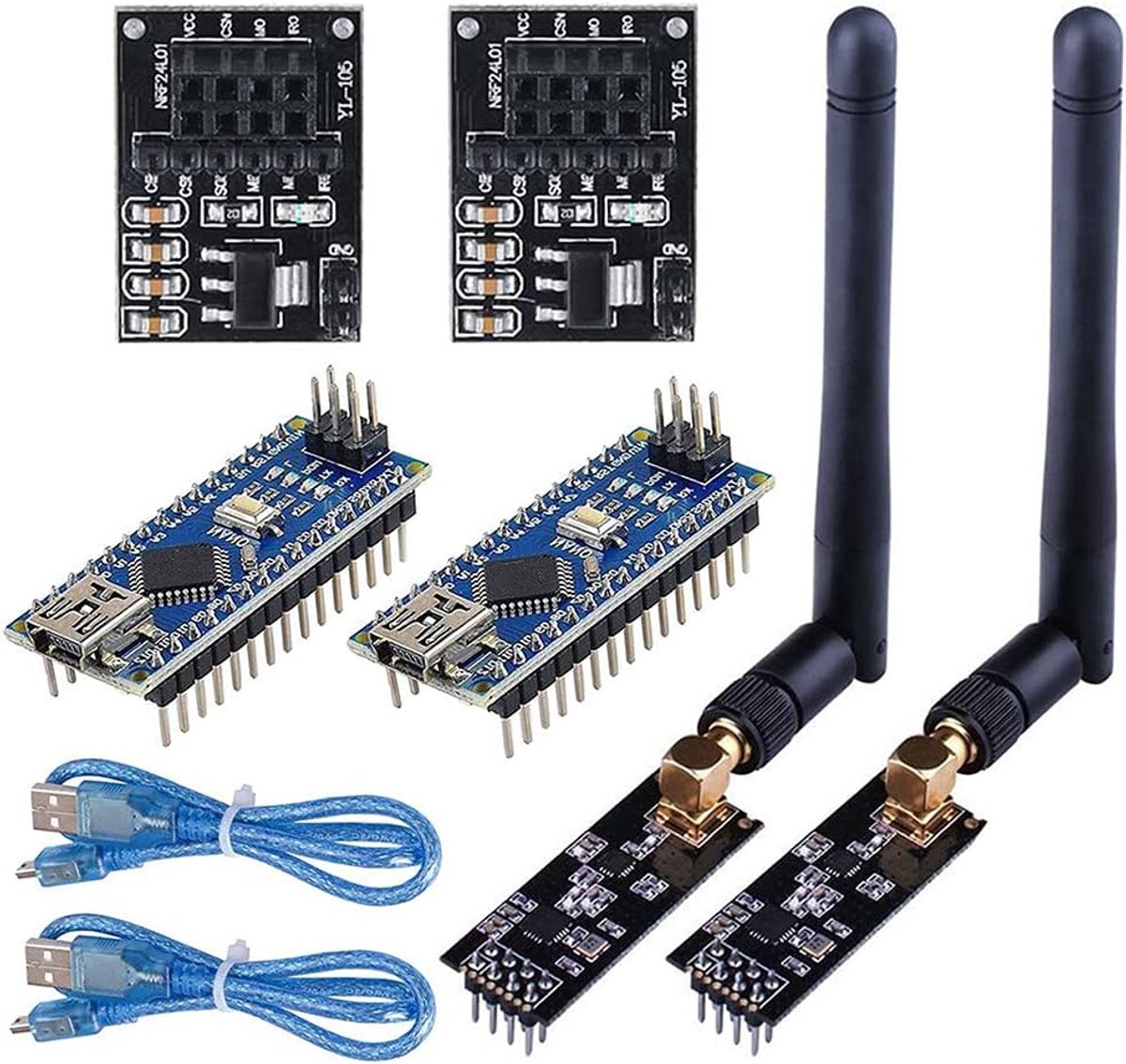 2Set RF Draadloze Zendontvanger met Tutorial, NRF-24LO1+PA+LNA Draadloze Module met SMA Antenne 2,4 GHz 1100m + NRF-24LO1 Spanningsregelaar + Ontwikkelingsraad