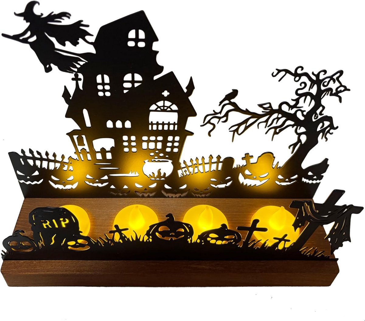 Kandelaar, metalen burg-silhouet met heks, begraafplaats en spoken, afneembare houten sokkel voor 4 theelichtjes, duurzaam en onderhoudsvriendelijk, Halloween-tafeldecoratie voor feest