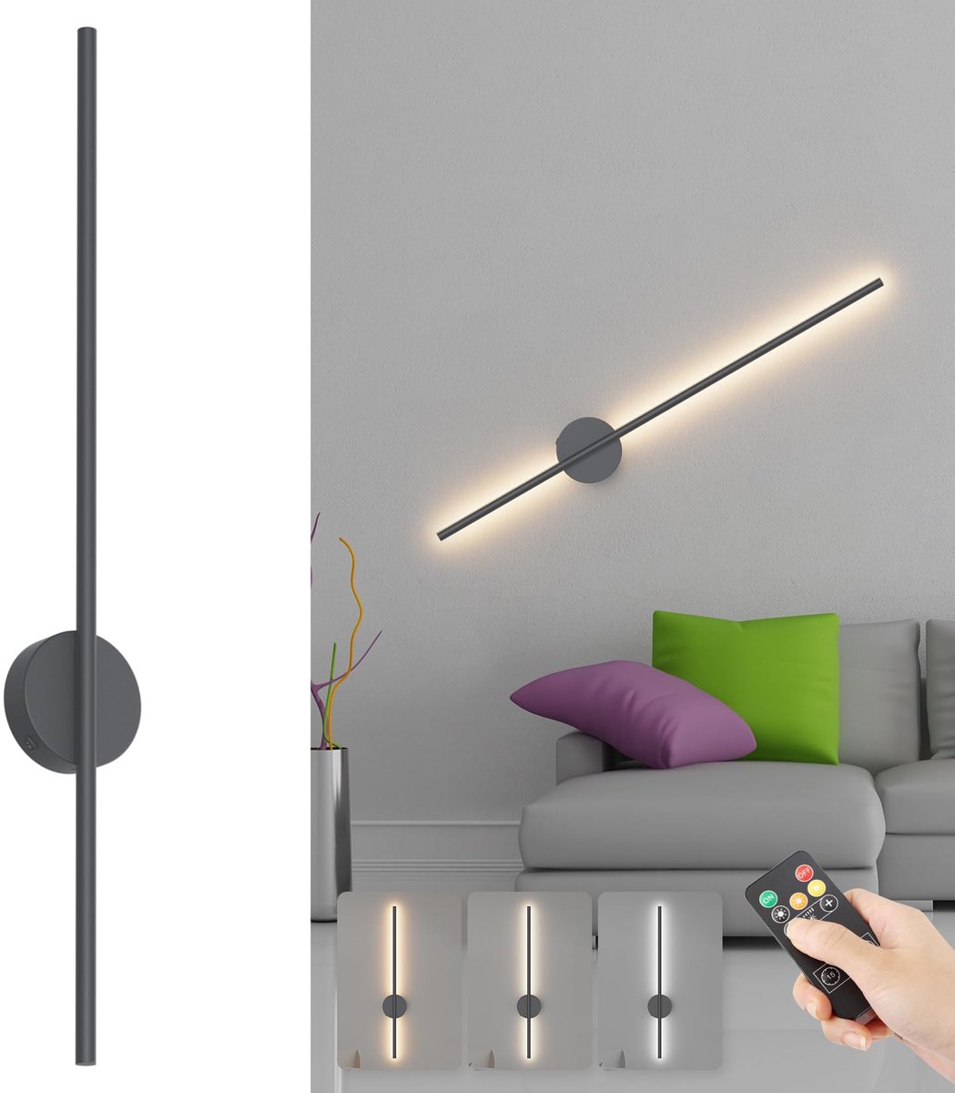 Draadloze wandlamp 120 cm - antraciet - dimbaar met afstandsbediening - ideaal voor woonkamer - SnelShoppen