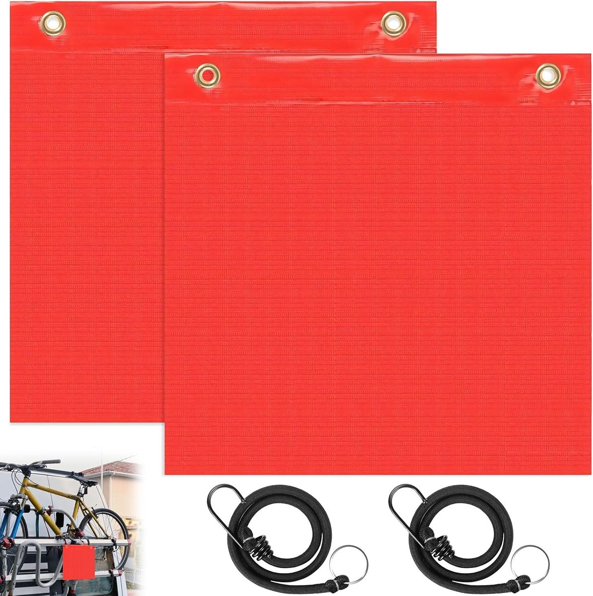 2 rode waarschuwingsvlaggen met rubberen touw en koperen gespen, 30 x 30 cm, rode vlaggen, veiligheid, vlag voor vervoer, lasten, extra lengte, voor auto's, caravans, aanhangers, vrachtwagens