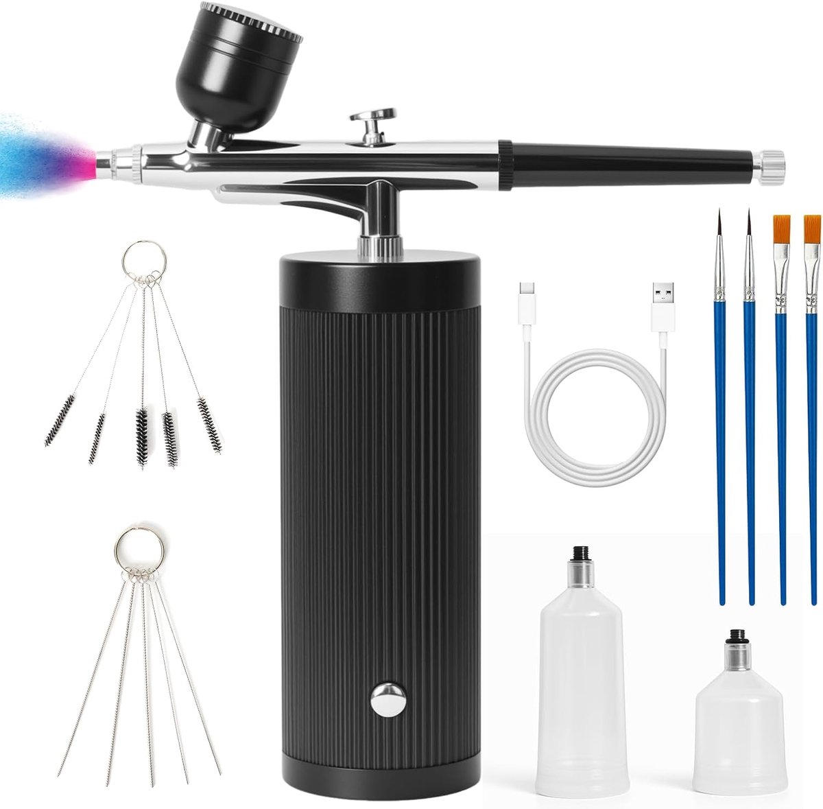 Airbrush-set met compressor, levering met mondstuk en reinigingsborstel, voor nagelkunst, taartdecoratie, make-up, tattoo-modellering, modellering, zwart
