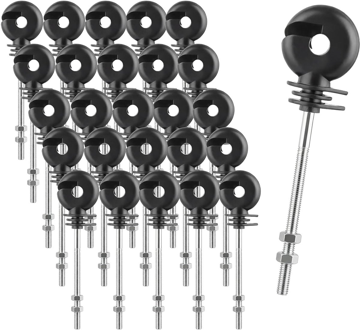 25 Stuks Ringisolatoren M6 met Moeren, Weideafrastering Isolatoren voor Houten Palen, Geschikt voor Draad, Koord en Elektrische Omheining, 145 mm