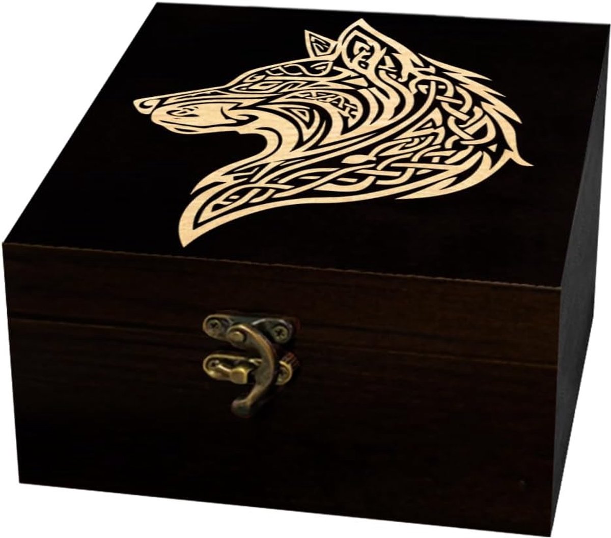 Arricraft 1 stuk houten aandenken opbergdoos, viking-knoop en wolfpatroon, vierkant, grenen geheugendoos voor jubileum sieraden bord opslag, 12 x 12 x 6 cm (4,72 x 4,72 x 2,36 inch)