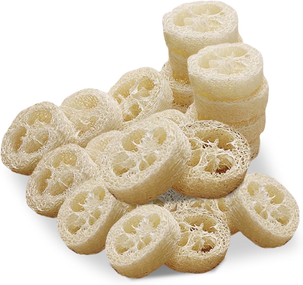 Verpakking met 24 natuurlijke luffa-sponzen, peelingsponzen, loofah-spons, mini-spons, luffa-scrubber, organische luchtfassponzen voor douche, badkamer, keuken, werkblad reinigen