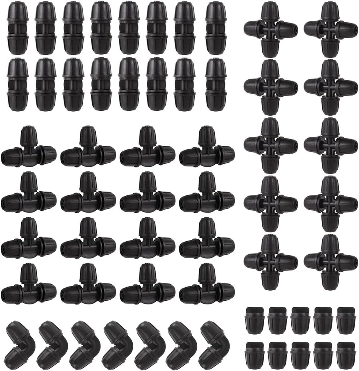 150 stuks 1/4 inch druppelbewateringsbouwsets, tuinslangconnector, barbecue-aansluiting voor irrigatiesysteem (50 koppelingen, 50 thee, 20 elleboog, 20 uiteinden, 10 vierwegs)
