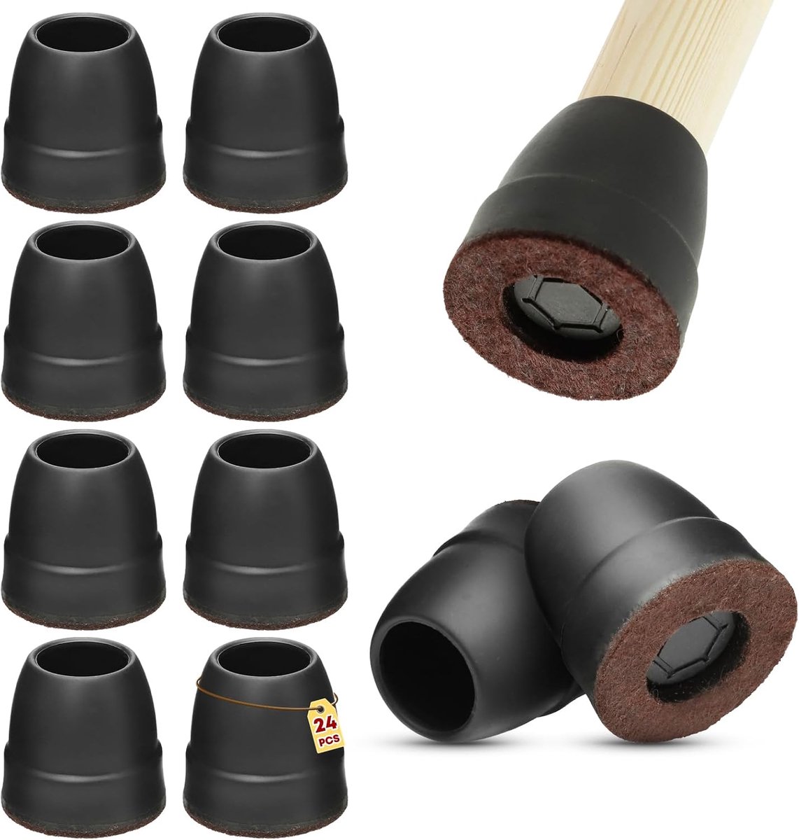 16 mm - 25 mm stoelpootdoppen, antislip, geluidsdempend, meubelbeschermingsaccessoires, zwarte siliconen met vilt, stoelpootbescherming, vloerbescherming