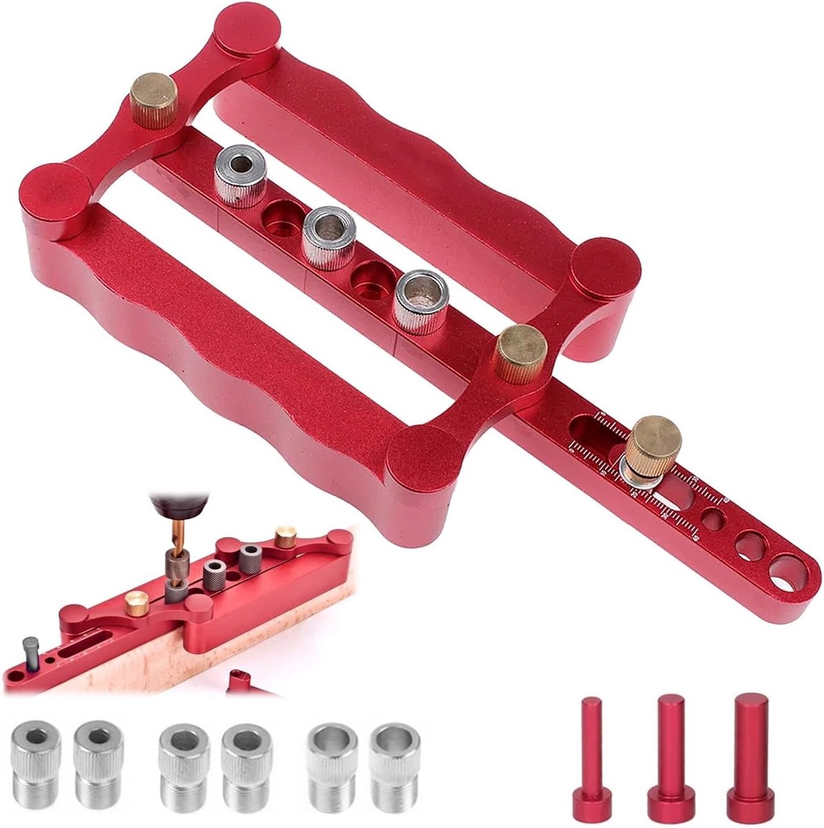 6/8/10 mm 3-in-1 boorgeleiding, van aluminiumlegering, instelbaar bereik 17-60 mm, uitgerust met 9 schroefdraadhulzen, voor ronde houten pluggen, houten pennen en houten stokken (rood)