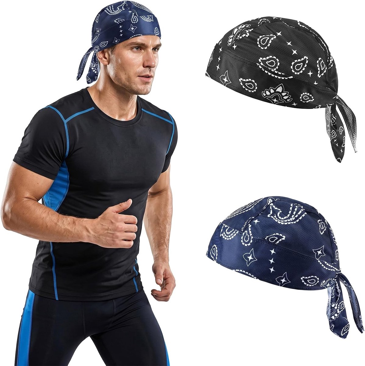 2 stuks bandanas voor dames en heren, ademende fiets-bandana met paisley-patroon, motorhelm voor zomer en racemuts, uv-bescherming voor outdoor, motorfiets, hardlopen en sport, zwart en marineblauw