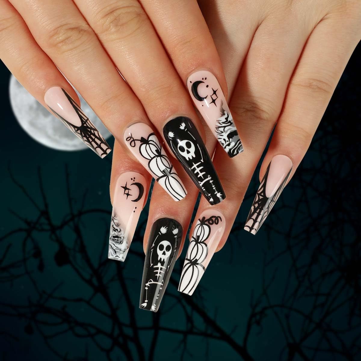 Halloween Demon Pompoen Ghost Valse Nagels Bloedige Hart Vloeiende Clown Nagels Sterren Maan Kunstnagels Press-On Valse Nagels (C)