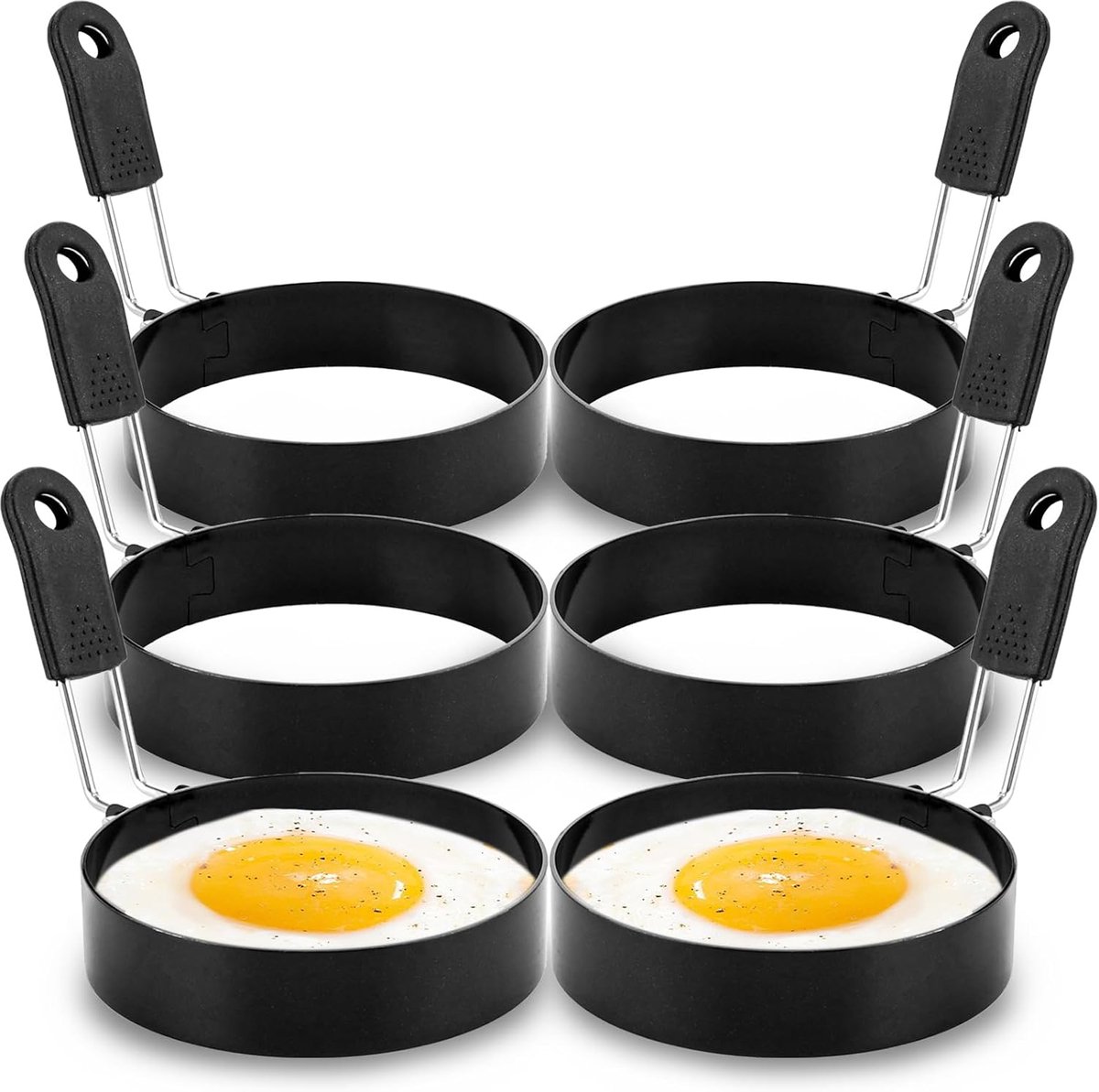 6 Stuks Eierbakring RVS, Eierring 9 cm en Bakring voor Eieren 7,8 cm Hoog, Zwarte Roestvrijstalen Ring voor Ontbijt Burger Pannenkoek Keuken en Brunch