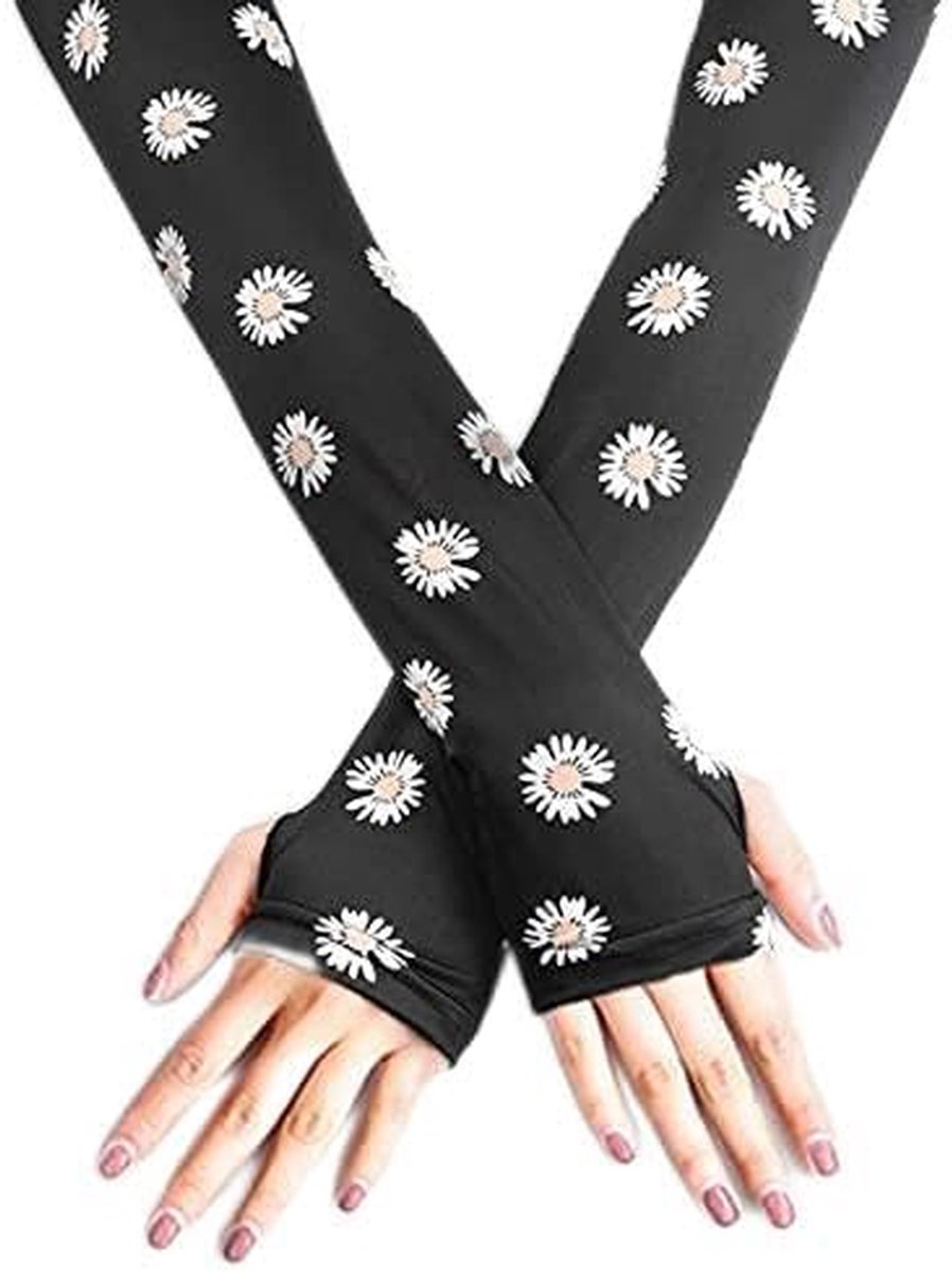 Armhoezen - Zonnebescherming - Buitenactiviteiten - Ademend en koel - 45 cm lengte - Zwart met bloemen