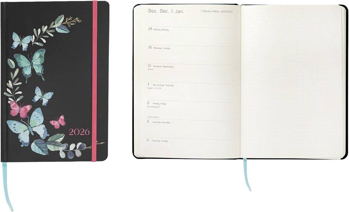 12065 Zakagenda 2026 in het formaat 9 x 14 cm, 1 week op 1 pagina, afsprakenplanner in zwart met vlindermotief, elastiek, binnenzak en leeslint