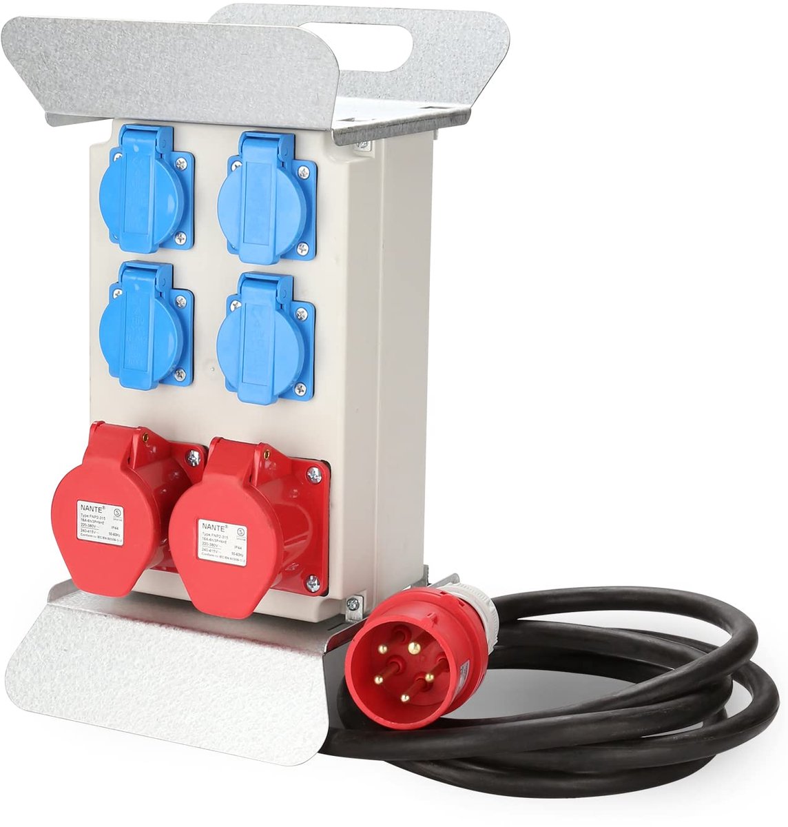 Bouwstroomverdeler CEE 2 x 16 A 400 V + 4 x 230 V 5-polig, stroomverdeling wandverdeler IP44 met veiligheidsklapdeksels kabel, voor werkplaatsen en fabrieken