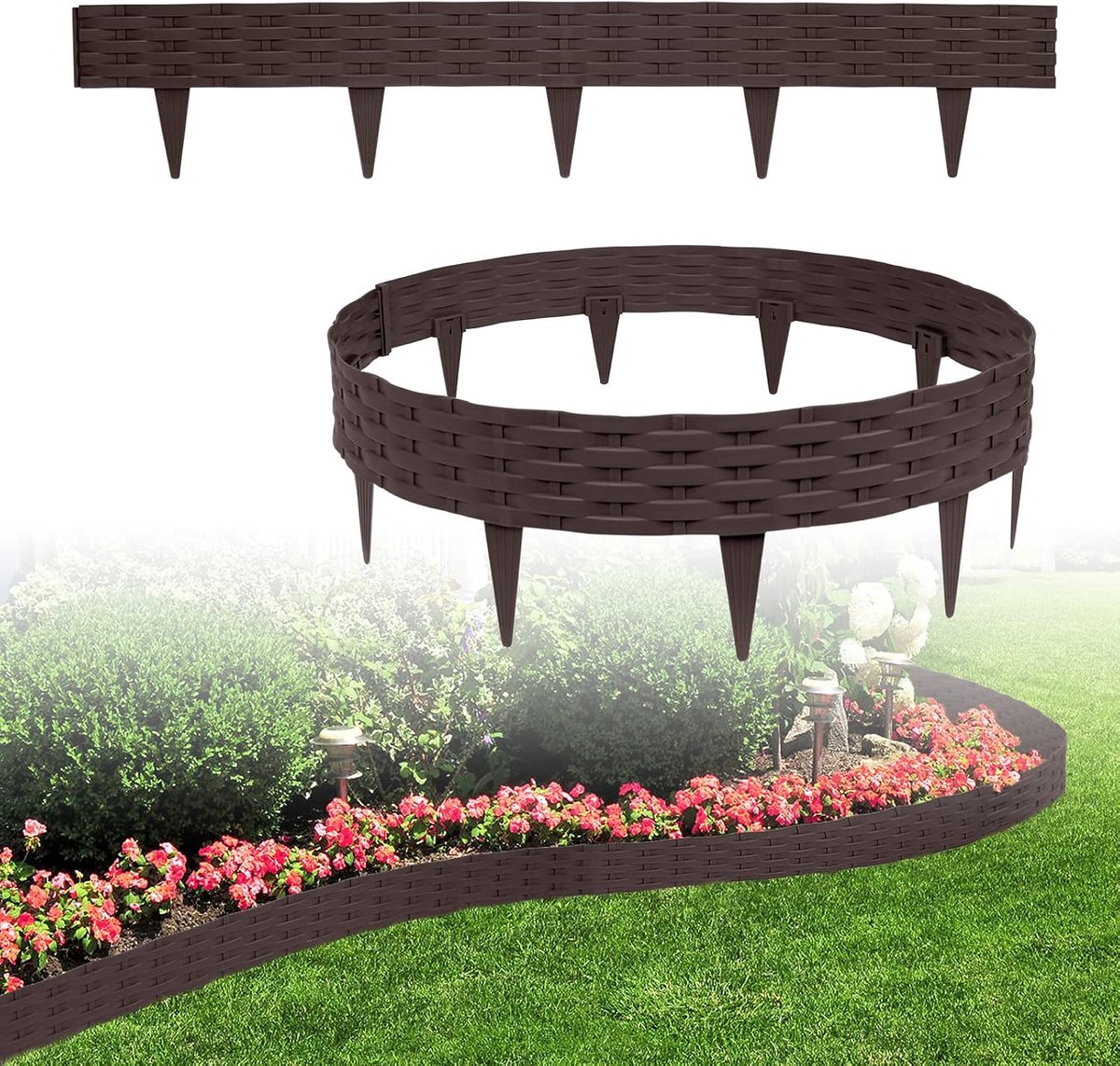 Gazonrand met 10 elementen van 100 cm buigbare kunststof in rotan design bloembedrand gazonrand tuinpalissade Beetzaun palissaden (10 stuks, bruin)