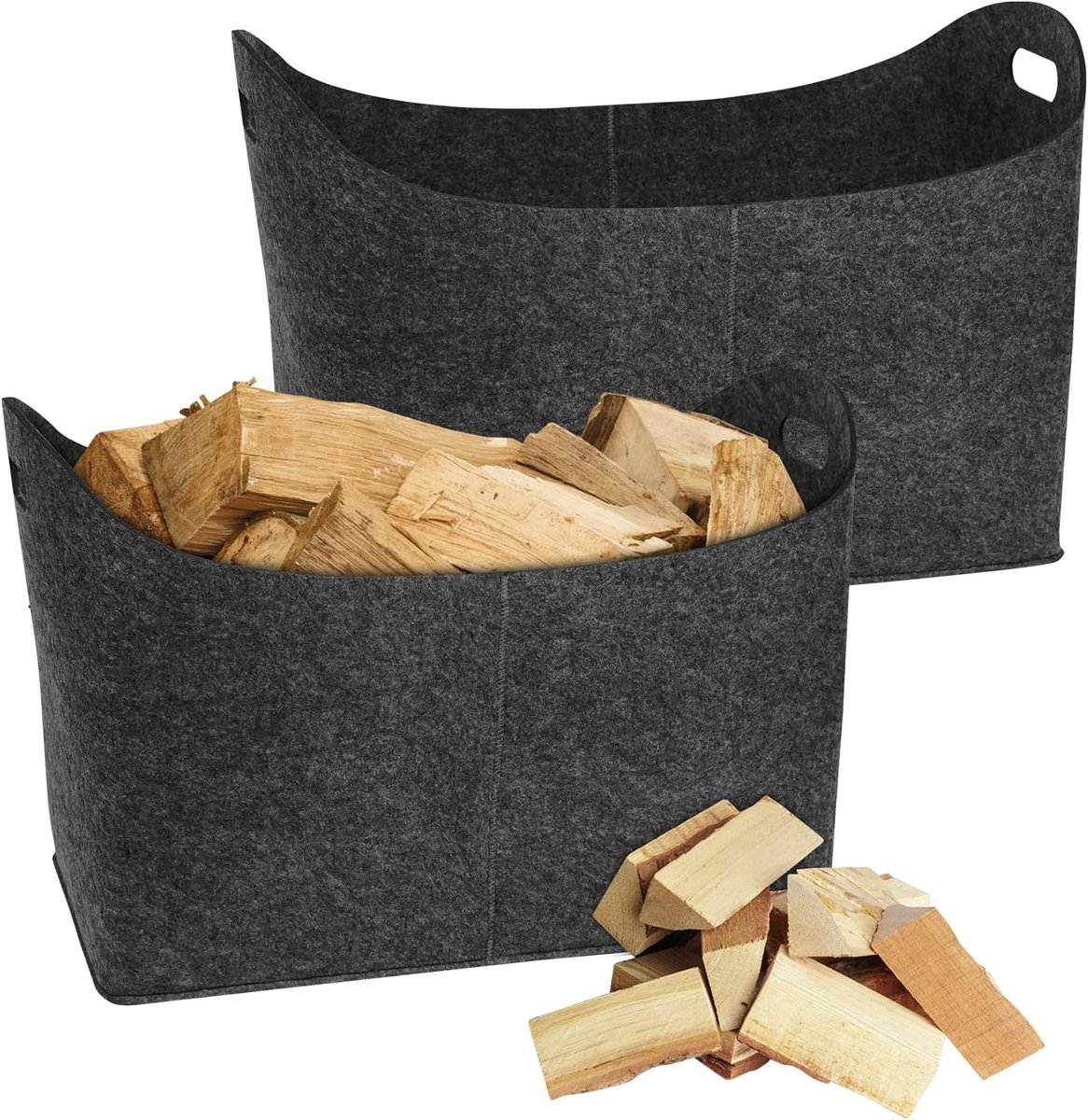 Vilten tassen 2x tassen van vilt, brandhoutmand, vilten tas shopper, opvouwbaar, brandhouttas, houtmand voor het opbergen van hout, kranten, brandhout (55 x 30 x 40 cm, donkergrijs)