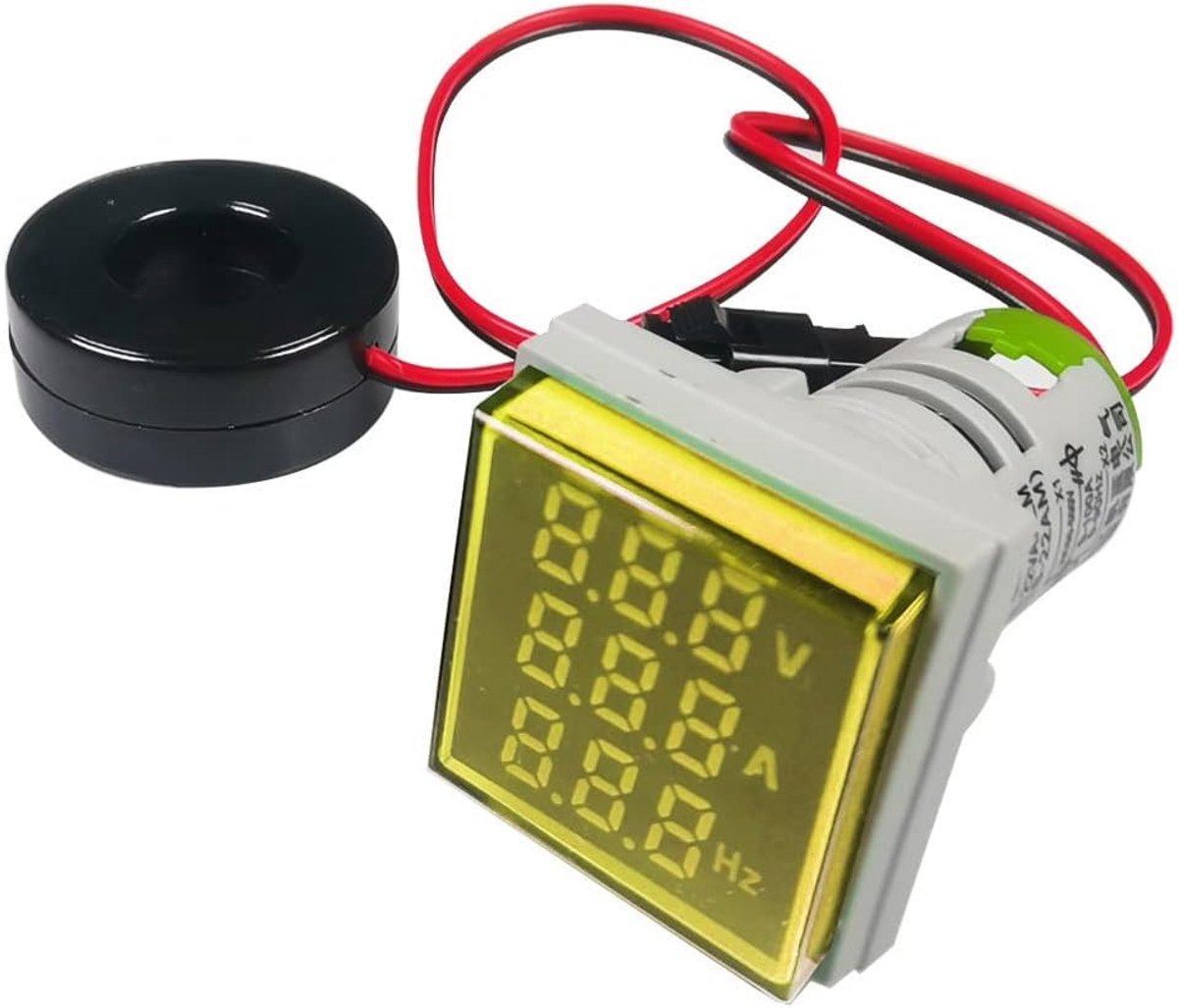 22mm AC Stroomspanningstester met 3-cijferige LED Display Multifunctionele Voltmeter Ampèremeter Frequentiemeter Multimeterpaneel AC 50-500V 0-100A 0-99Hz (Geel, Vierkant)