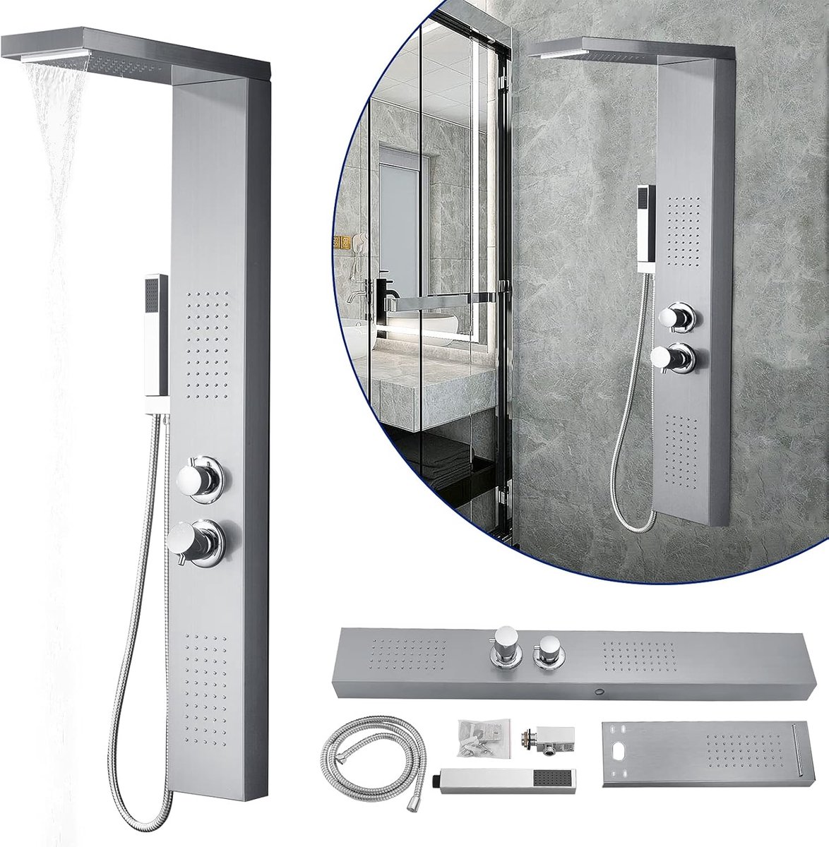 Regendouche Systeem Roestvrij Staal Douchepaneel Doucheset met Massagemodus Watervalmodus & Douchemodus Handdouche Badsystemen Douchekraan Set Douchesysteem voor Badkamer (Silver)