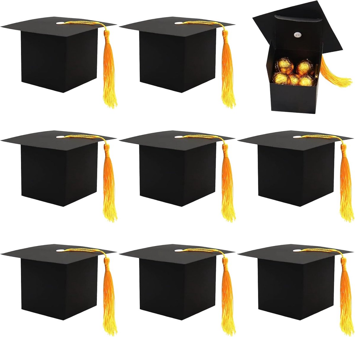 20 stuks bachelorhoed, geschenkdoos, zwarte doktershoed, decoratieve dozen, doktershoedbox met gele kwasten, afstudeerhoed, geschenkdoos, afstudeerhoed voor afstudeerfeest