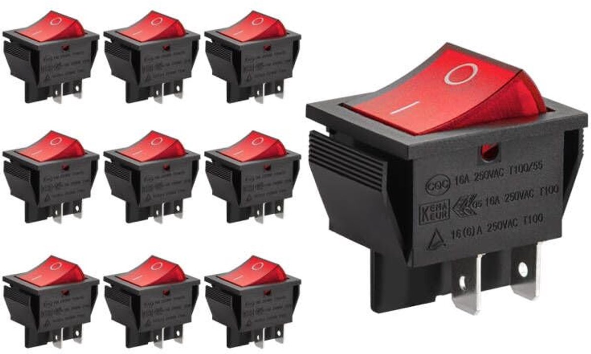 Aan-uit tuimelschakelaar, DPDT, 4 eindpunten, 16 A 250 VAC, rood oplichtend (10)