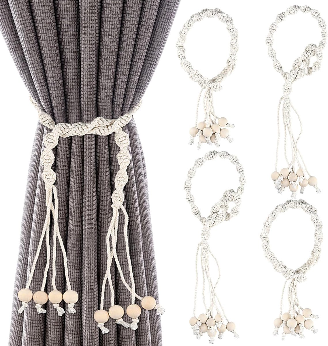 Gordijnhouders 100 cm - Katoenen gevlochten koord - Beige met franjes en kralen - SnelShoppen