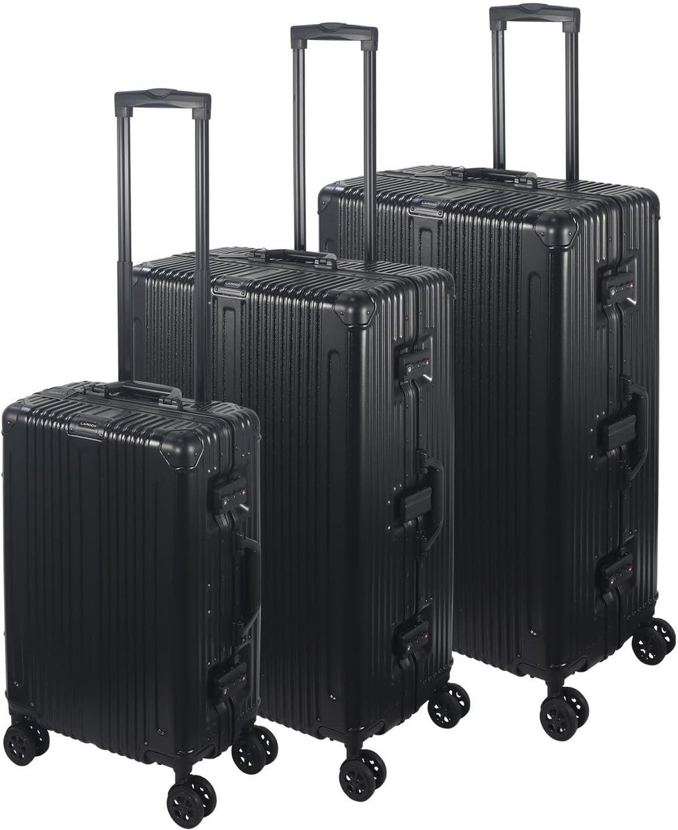 Set van 3 koffers met aluminium frame, 57, 68, 77 cm (43 l, 65 l, 110 L), FusionShell structuur, stevige constructie, TSA-combinatieslot, dubbele 360-graden wielen, handgreep, zwart., 20/24/28