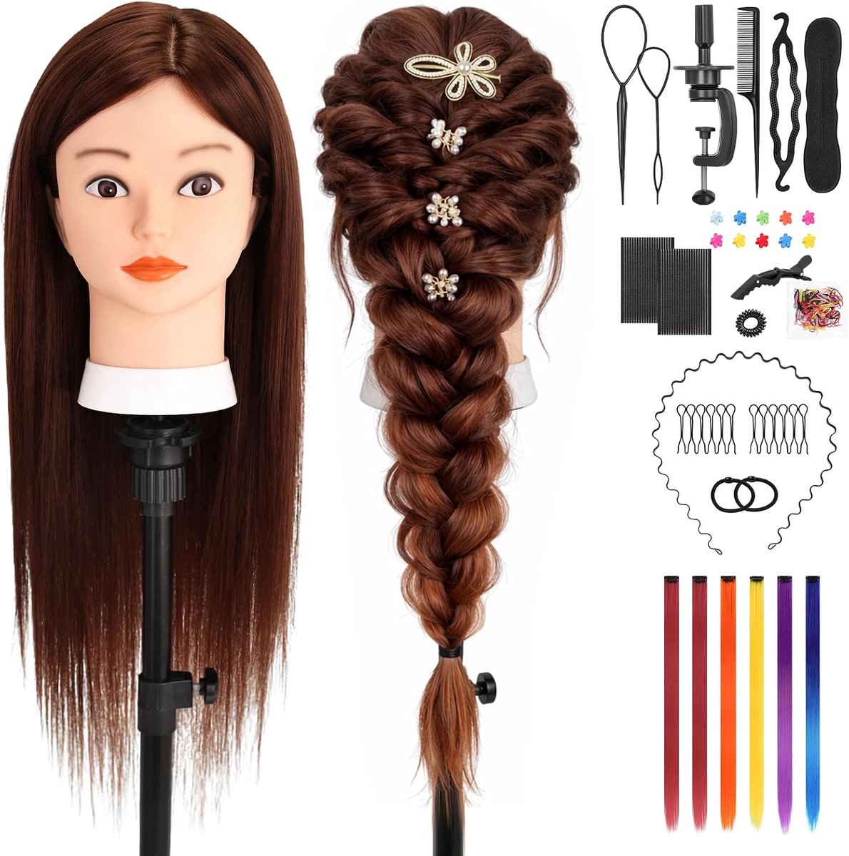 66 cm kappershoofd, 80% echt haar, oefenhoofd, kappershoofd, mannequinhoofd met tafelklem + doe-het-zelf vlechtset (donkerbruin)