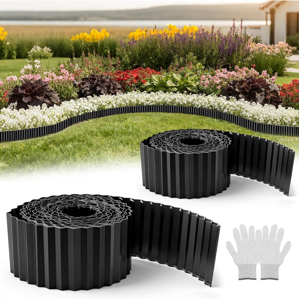 10 m x 2 gazonrand, metaal, flexibel, bloembed omranding van verzinkt staal, bedbegrenzing, flexibele gazonranden voor perkrandingen, tuinomranding, 15 cm hoog, zwart