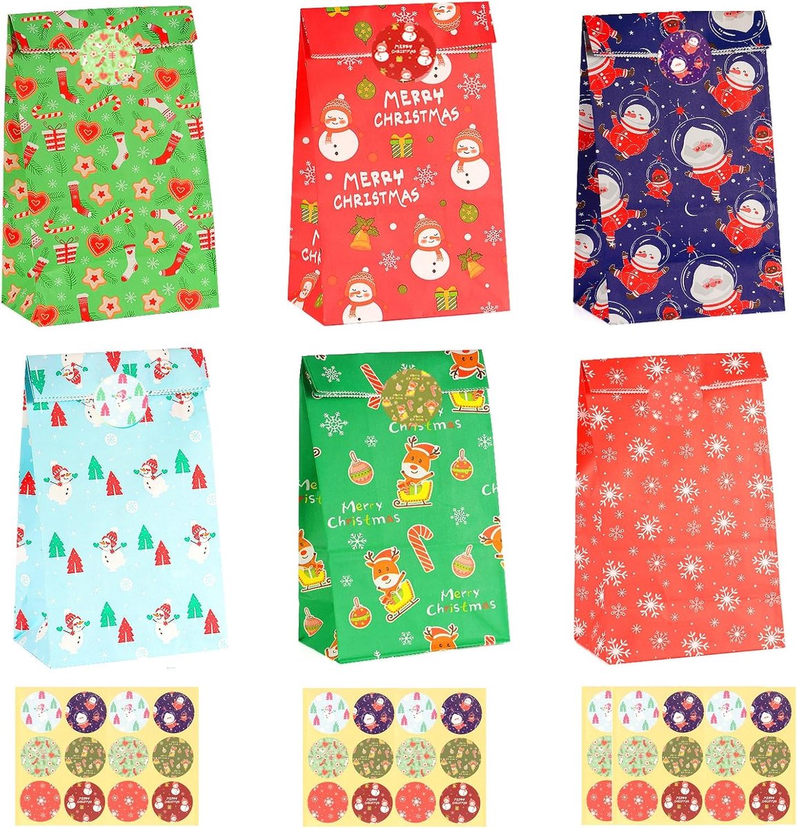 Papieren Zakjes voor Kerstmis, 48 Stuks Kleine Geschenkzakjes Kerstm, Kleurrijke Kerstzakjes met 48 stickers, Kraftpapieren Cadeauzakjes voor Kinderen