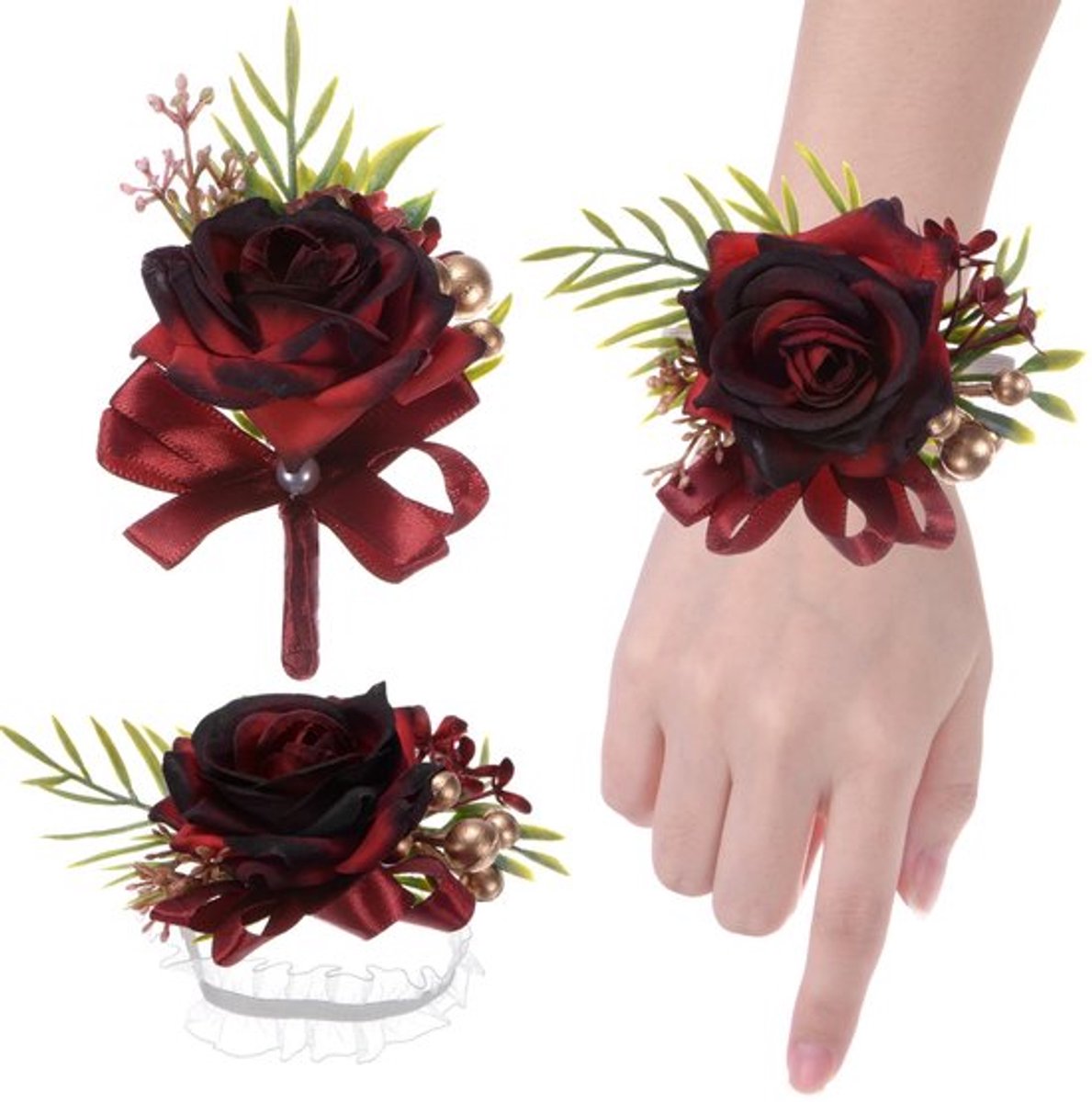 1-set polskorset en boutonnièreset, kunstrozen-bloemenpols en mannenkorsetje voor bruiloft, feest, bal, decoratie, bloemenpols, korsetset, wijnrood, 1 set