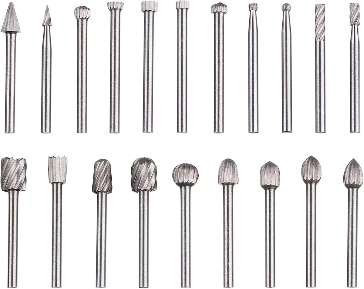 Rotary burr set 20 stks - Wolfraamcarbide HSS - 3mm schacht - Voor houtsnijwerk en graveren - ShopVlot