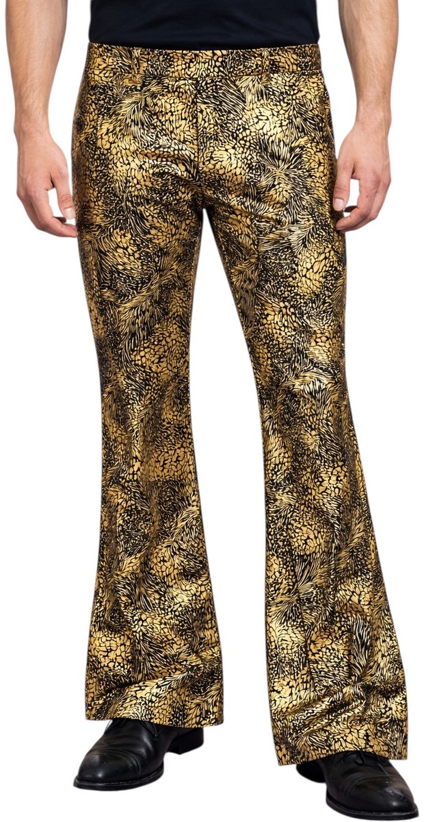 Flared Broek Slangenprint - Goud-Zwart- Foute Party - Jaren 80 & 90 - Volwassenen - Maat L