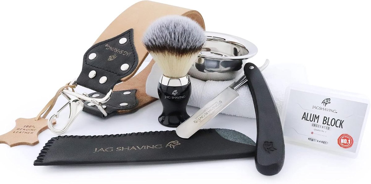 Scheerset 6-delig - zwarte lederen etui - scheermes met deksel - luxe scheerervaring - ShopVlot