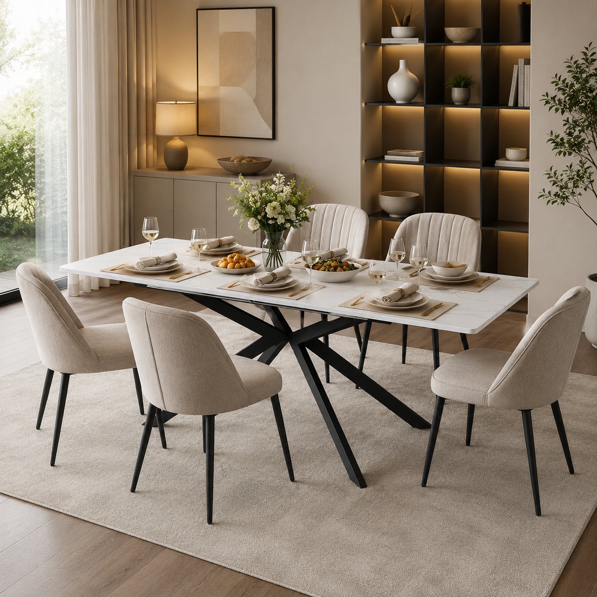 Uitbreidbare Eettafel 150/180 cm - Rechthoekige Eettafel Met Marmerlook En Kreuzbein Design - MDF Zwart Wit
