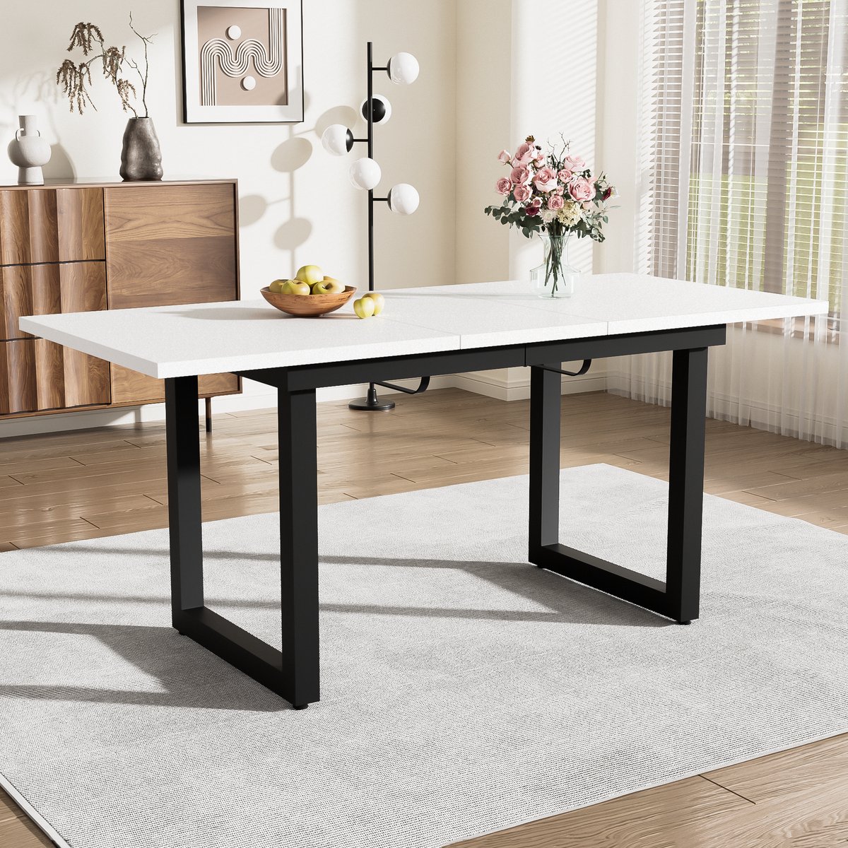 Uitbreidbare Eettafel 140/180x80 cm - Industriële Eettafel Met Stalen Frame En MDF Tafelblad Wit Zwart