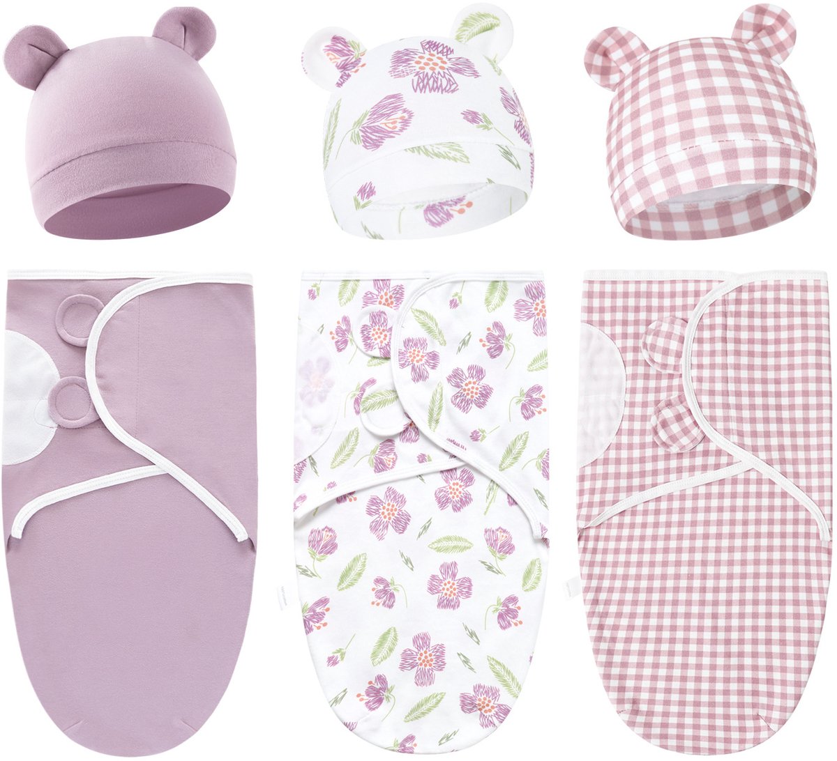 Set van 3 babywikkeldekens, 100% katoen, zacht en ademend, met schattige capuchons. Geschikt voor baby's van 0-3 maanden en pasgeborenen om schrikreacties te voorkomen,Set 1