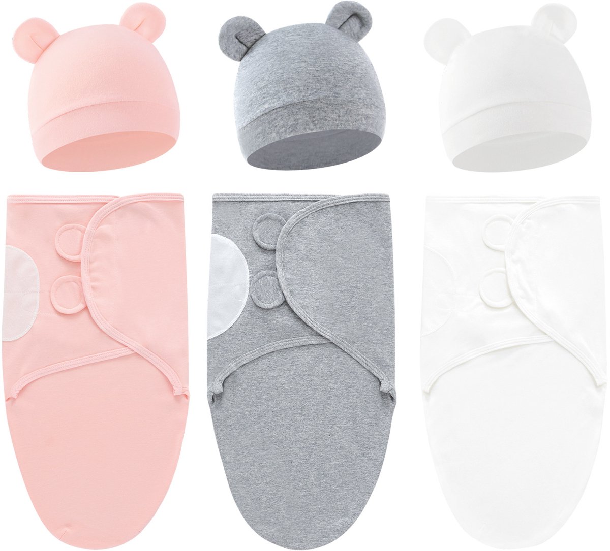 Set van 3 babywikkeldekens, 100% katoen, zacht en ademend, met schattige capuchons. Geschikt voor baby's van 0-3 maanden en pasgeborenen om schrikreacties te voorkomen,Set 4