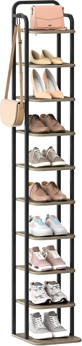 Hzuaneri Verticale Schoenenrek, 10-laags Schoenenrekken, Schoenentoren voor Kleine Ruimtes, Vrijstaand, Verstelbaar, Ruimtebesparend, Licht Ivoor en Zwart, Schoenentoren voor kleine ruimtes, licht ivoor en zwart, vrijstaand, verstelbaar
