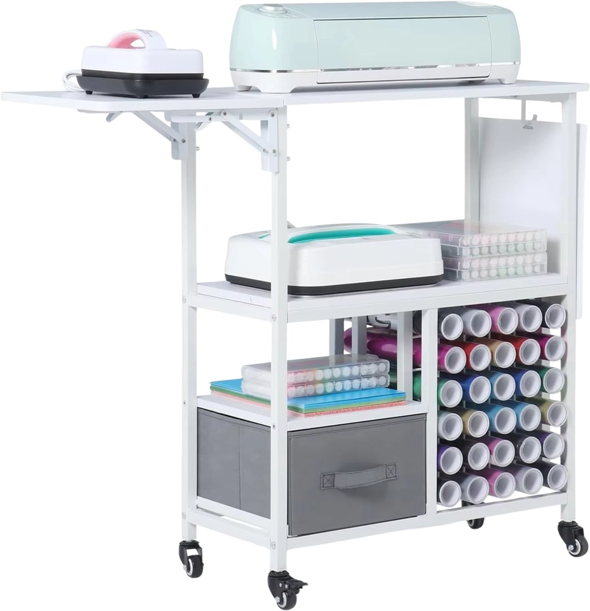 Rolbare knutselwagen met opbergladen - Voor knutselkamer & hobbyruimte - Mobiele organizer met inklapbare planken, geschikt voor vinylrollen & scrapbooking - Metaal/kunststof (kleur niet gespecificeerd) - WIT