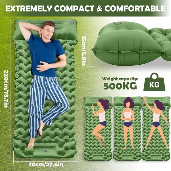 Zelfopblazend slaapmat 220 x 70 cm - Groen - Ergonomisch kussen - Ultralicht en draagbaar - ShopVlot — afbeelding 2