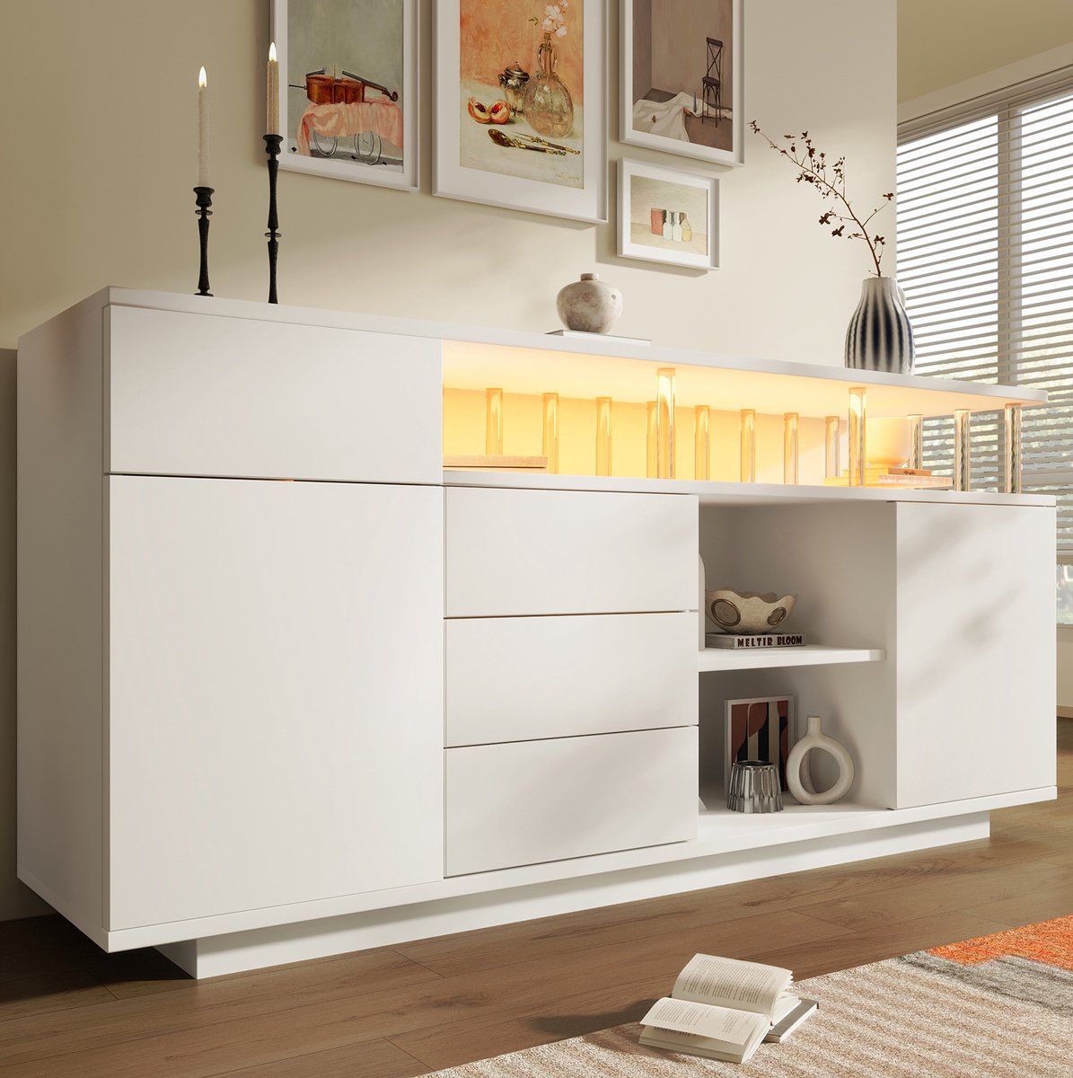 MODENUIT Dressoir - Met LED, 4 Laden En 2 Deuren - Voor Woonkamer En Hal - MDF Acryl - 160x40x75 Cm - Wit