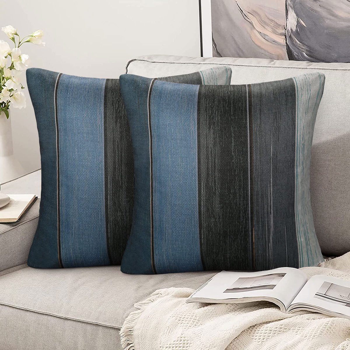 Kussenhoes 50 x 50 cm - blauw linnen - retro houten strepen - stijlvol voor uw bank - ShopVlot