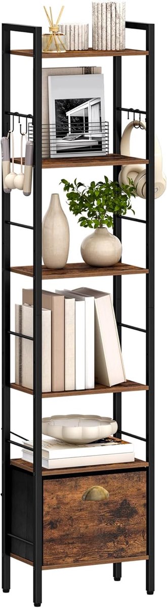 Hzuaneri Boekenkast, 6planken met 1 stoffen 173cm, vintage bruin-zwart
