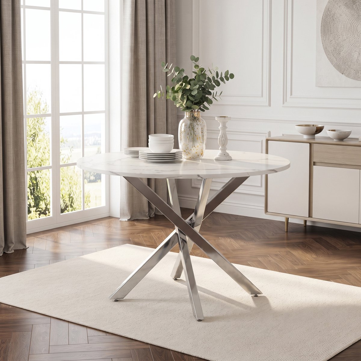 Ronde Eettafel 80 cm - Tafel Met Marmerlook En Verchroomde Buisvoeten Wit Zilver