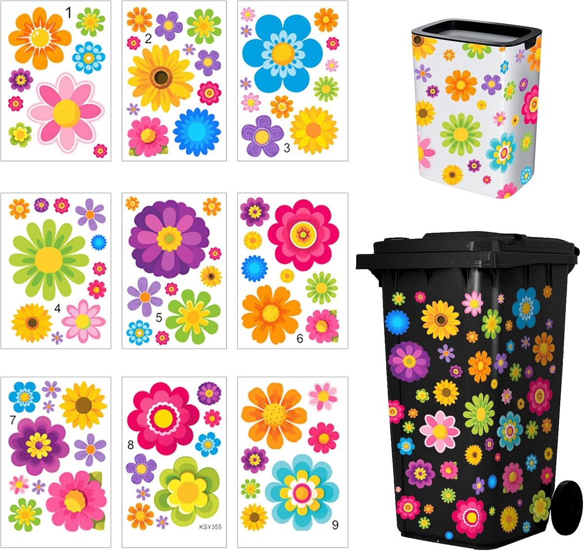 Decoratieve vuilnisbak - kleurrijke bloemen - waterdicht - 9 stuks - ShopVlot