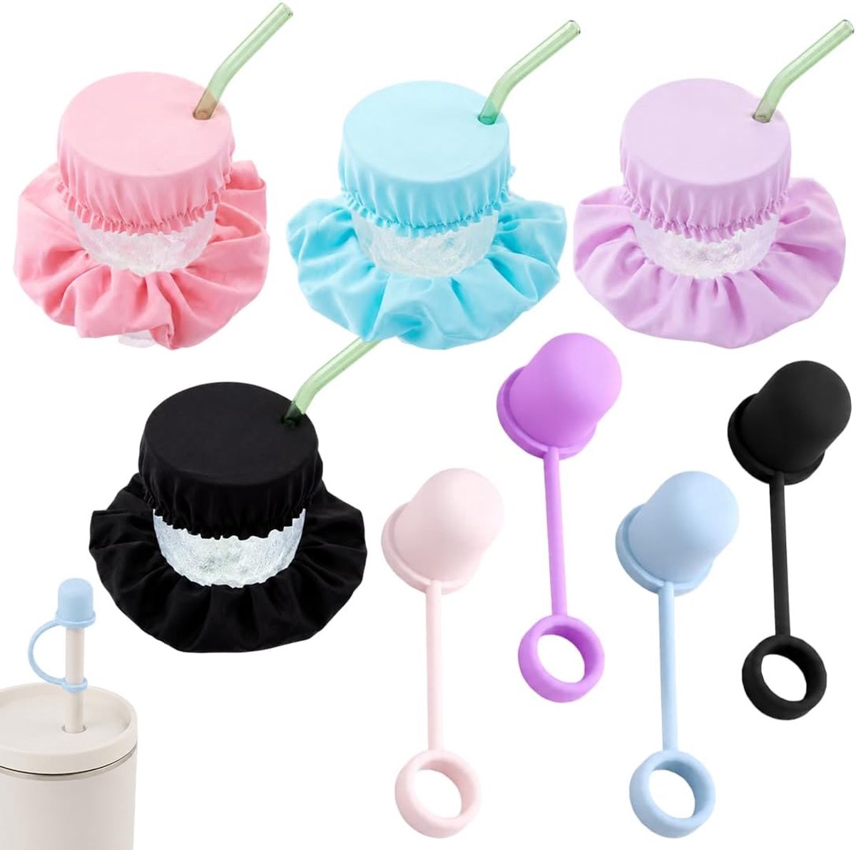 BCZR Scrunchie-drinkbeschermers, 8 stuks, bevat 4 deksels en 4 rietdoppen, stof- en insectendicht, voor outdoor - ShopVlot