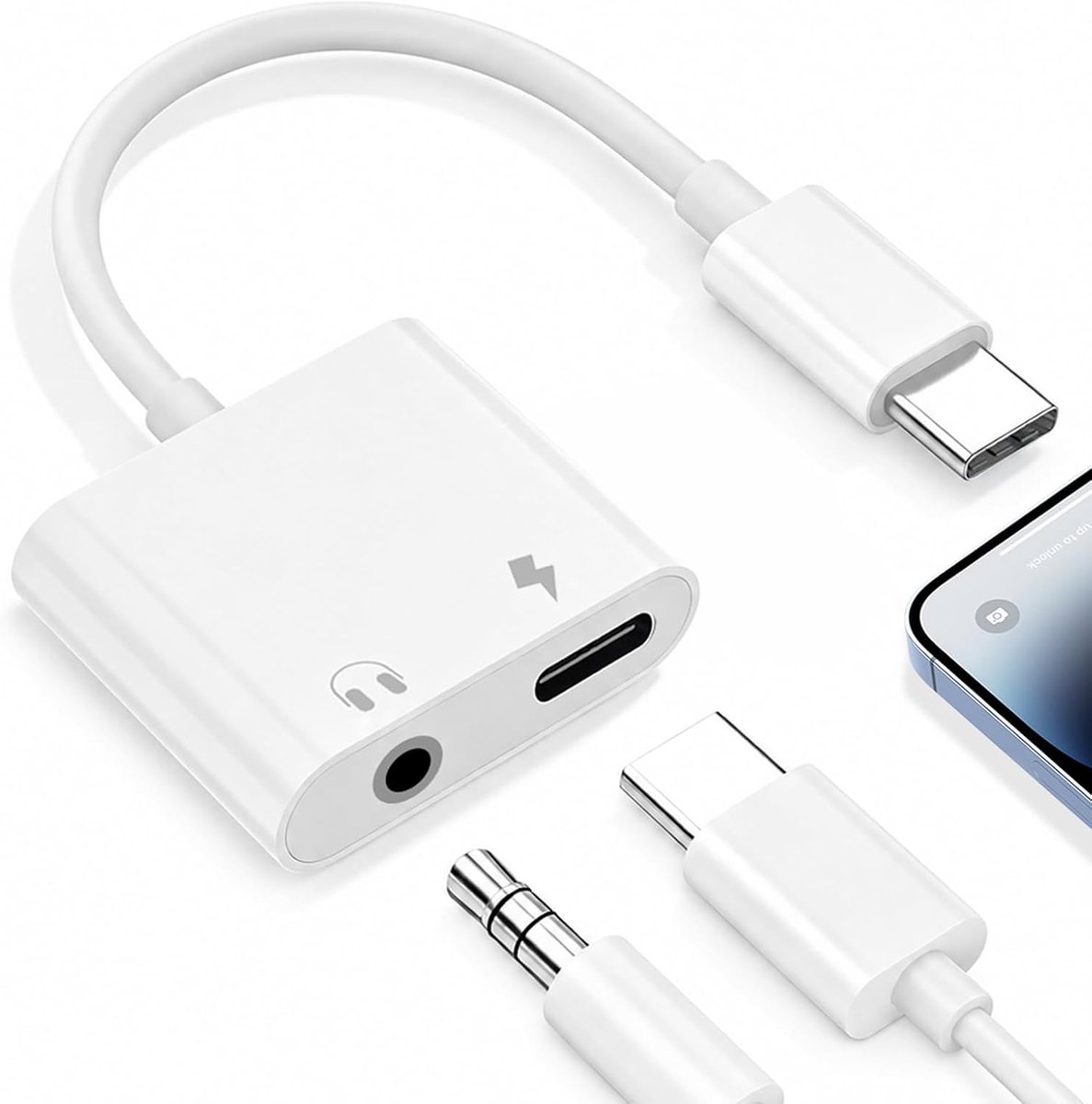 headphone adapter 2-in-1 - USB-C naar 3.5 mm - snel opladen - gelijktijdig muziek luisteren - ShopVlot