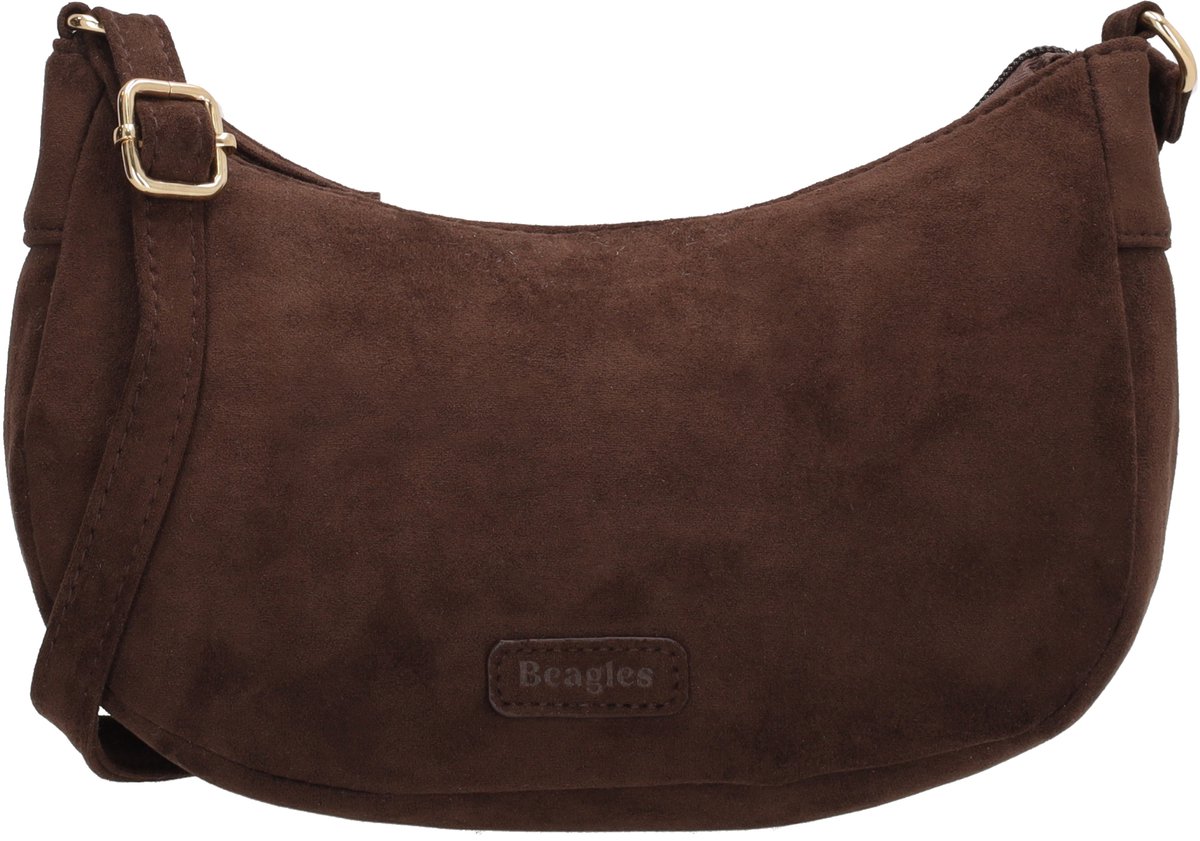 Beagles Chino Crossbodytas - Faux Suède - Schoudertas - Damestas - Halfrond Model - Ritssluiting - Verstelbare Schouderband - Donkerbruin