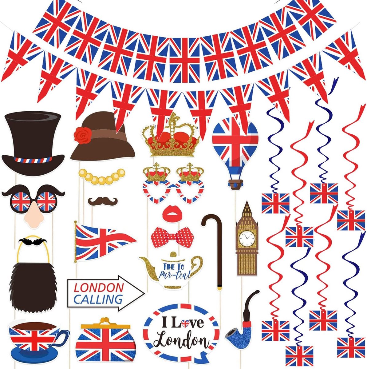 feestset British National Day - 20-delige fotobooth props - 10 meter vlaggenlijn - decoratie voor jubileum - ShopVlot