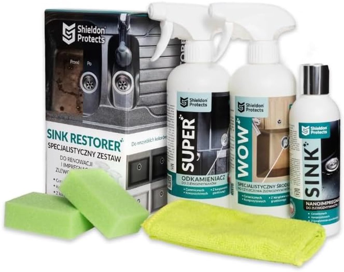 Schoonmaakset voor gootsteen - 3 reinigers + 2 sponsen en microvezeldoek - Voor granieten en Silgranit gootstenen - ShopVlot
